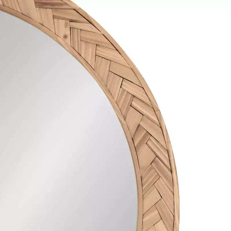 Miroir mural rond marron, cadre en bois à chevrons, utilisation par 1 personne