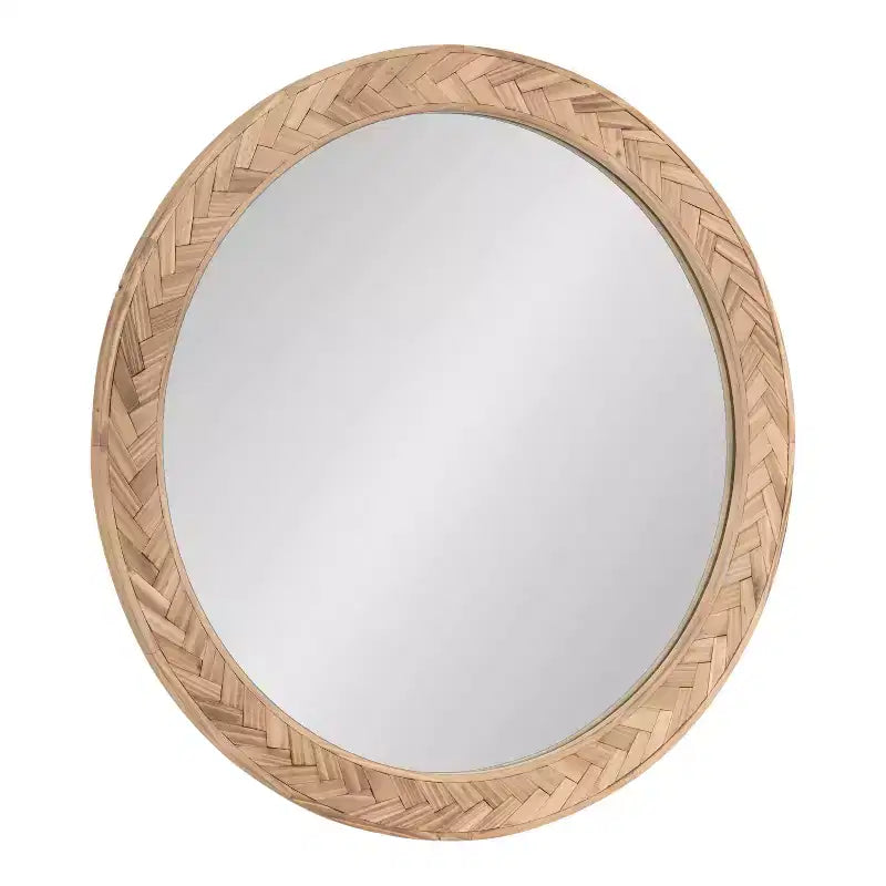 Miroir mural rond marron, cadre en bois à chevrons, utilisation par 1 personne