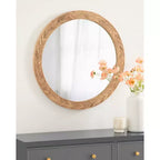 Miroir mural rond marron, cadre en bois à chevrons, utilisation par 1 personne