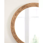 Miroir mural rond marron, cadre en bois à chevrons, utilisation par 1 personne