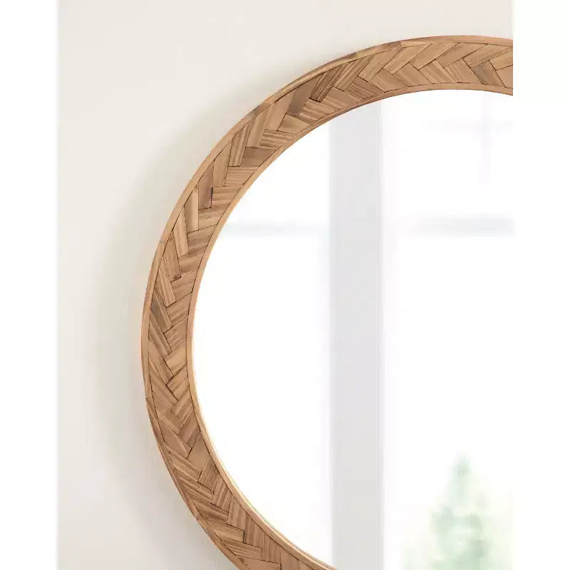 Miroir mural rond marron, cadre en bois à chevrons, utilisation par 1 personne