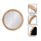 Miroir mural rond marron, cadre en bois à chevrons, utilisation par 1 personne