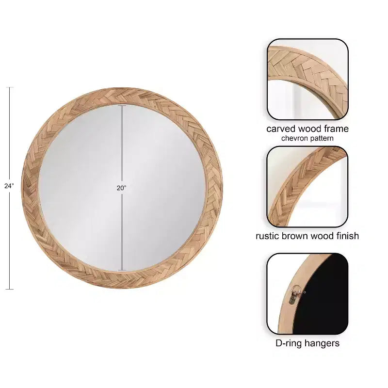 Miroir mural rond marron, cadre en bois à chevrons, utilisation par 1 personne