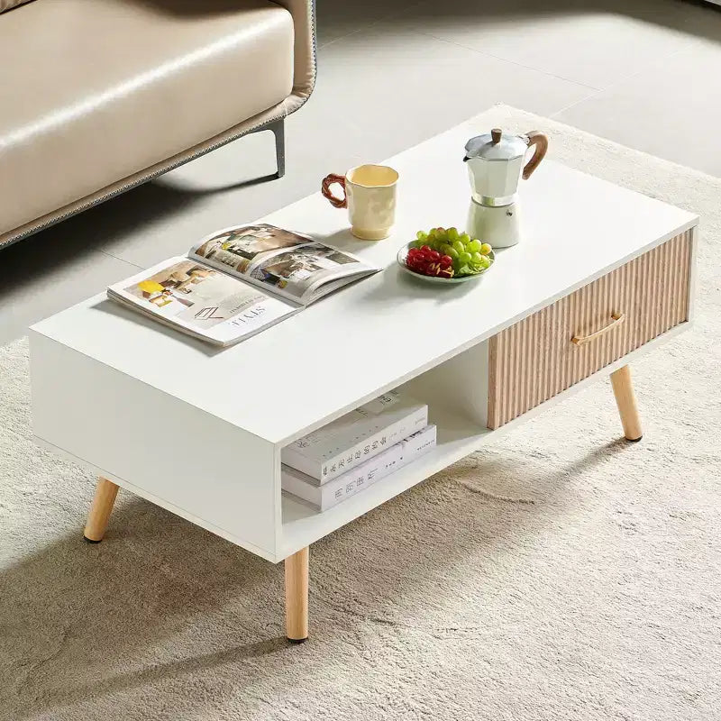 Table basse rectangulaire blanche avec tiroir coulissant, en MDF