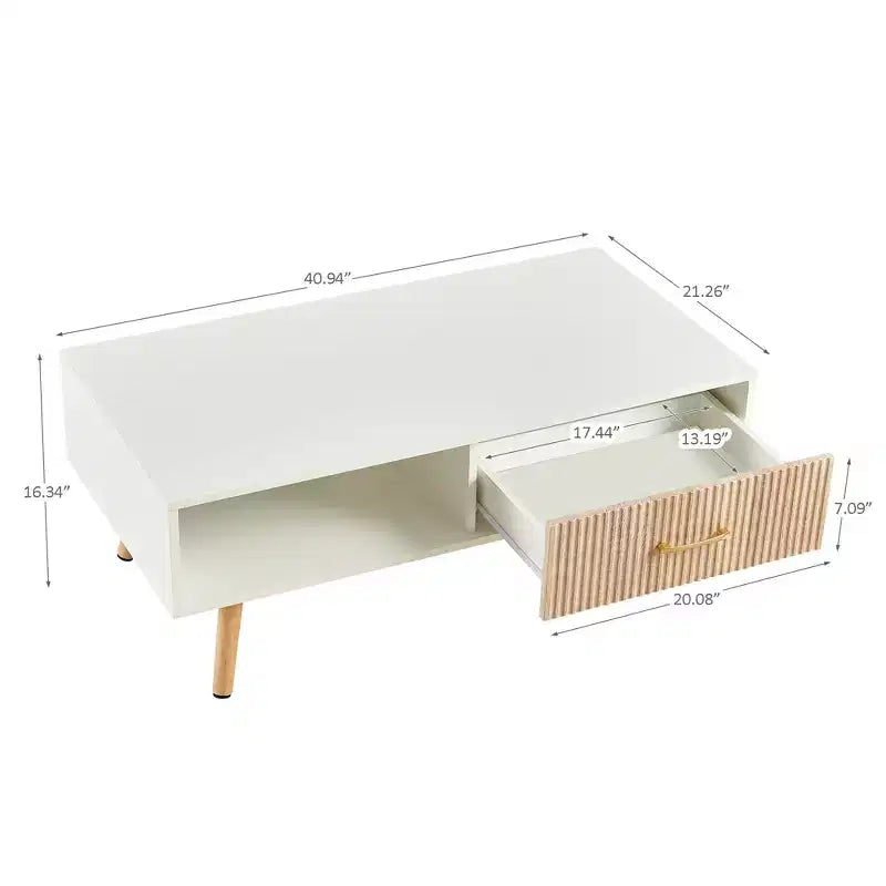 Table basse rectangulaire blanche avec tiroir coulissant, en MDF
