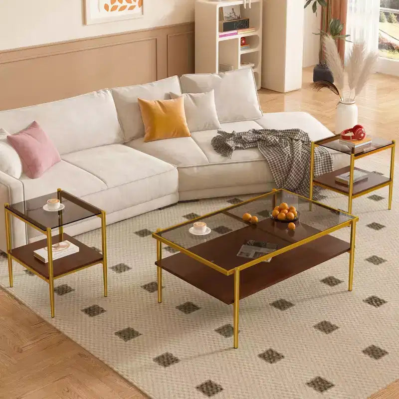 Tables basses modernes en verre trempé gris/doré et blanc (lot de 3) – Pour 2 à 4 personnes