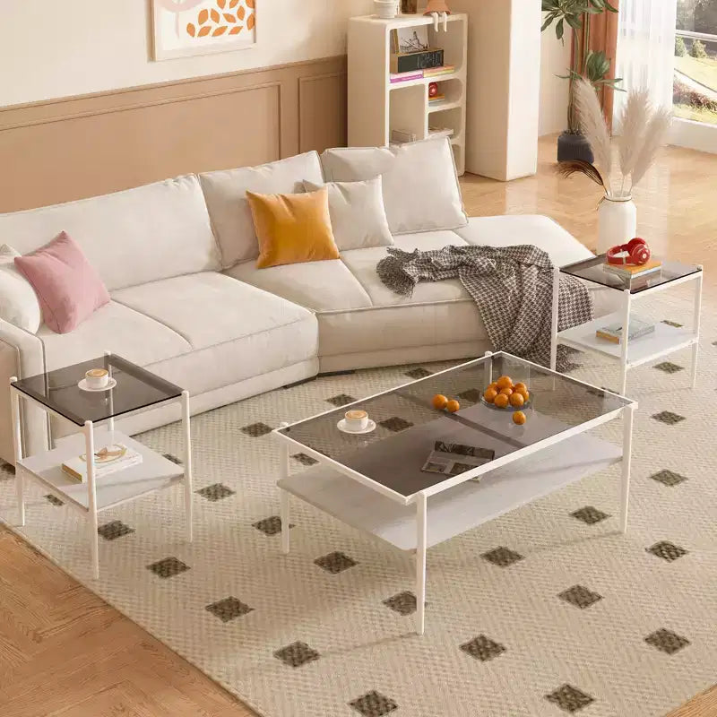 Tables basses modernes en verre trempé gris/doré et blanc (lot de 3) – Pour 2 à 4 personnes