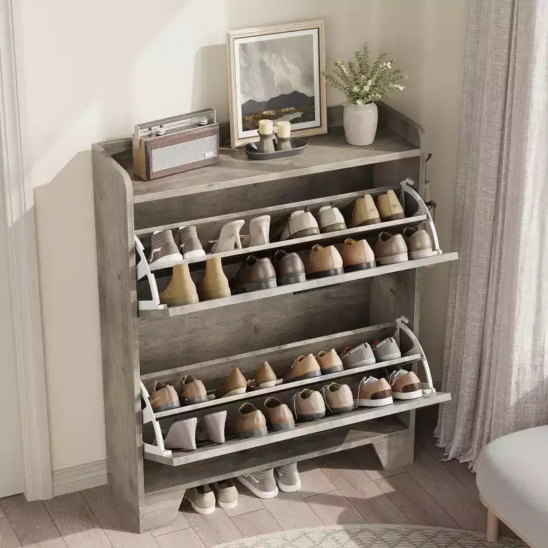 Meuble à chaussures autoportant brun / gris avec 2 tiroirs basculants – Peut contenir 20 paires