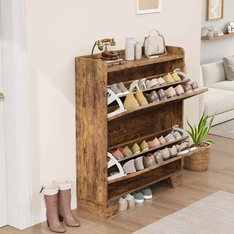 Meuble à chaussures autoportant brun / gris avec 2 tiroirs basculants – Peut contenir 20 paires