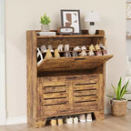 Shoe Cabinet Storage for Entryway, Narrow Shoe Cabinet with 2 Flip Drawers, Freestanding Hidden Slim Shoe Organizer Cabinet with Hooks