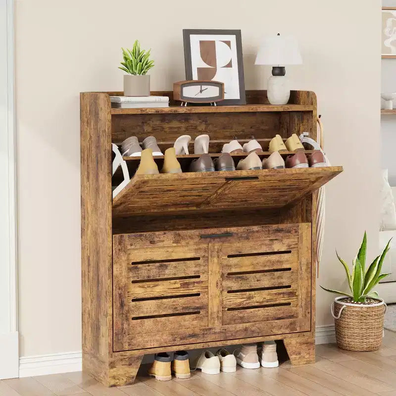 Shoe Cabinet Storage for Entryway, Narrow Shoe Cabinet with 2 Flip Drawers, Freestanding Hidden Slim Shoe Organizer Cabinet with Hooks