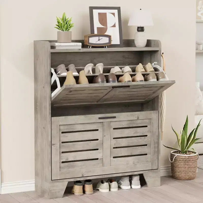 Meuble à chaussures autoportant brun / gris avec 2 tiroirs basculants – Peut contenir 20 paires