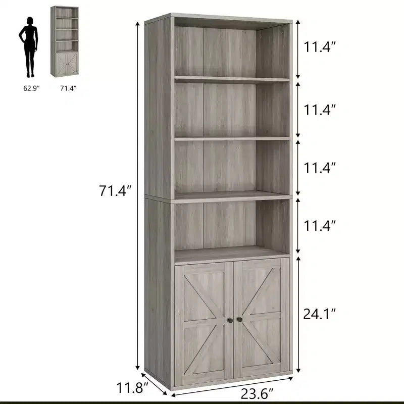 Bibliothèque industrielle/ferme vintage noire/grise avec portes de grange en X – Assemblage par 1 personne, 6 étagères de rangement