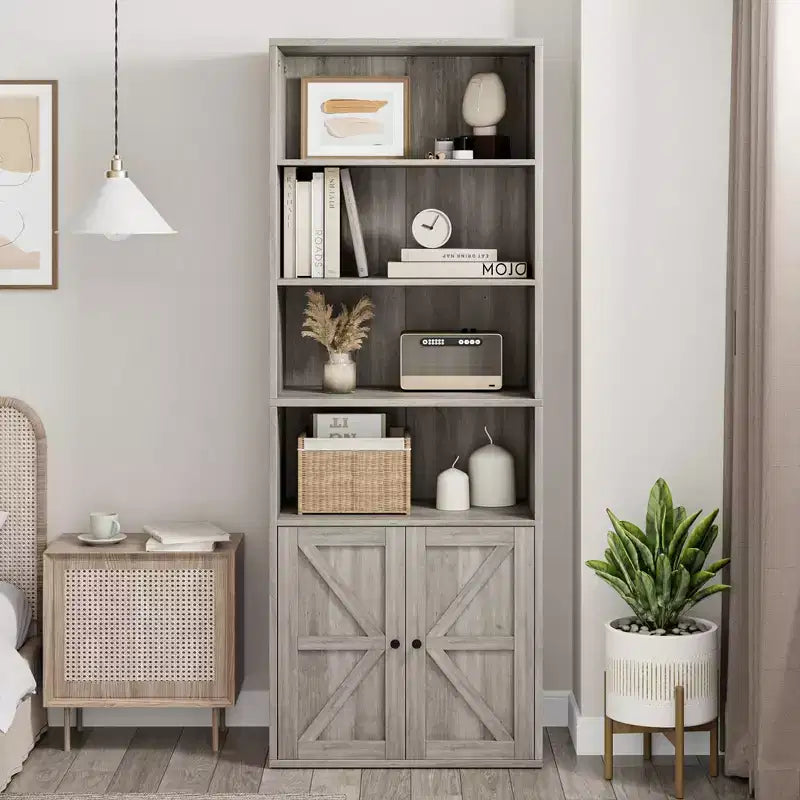 Bibliothèque industrielle/ferme vintage noire/grise avec portes de grange en X – Assemblage par 1 personne, 6 étagères de rangement