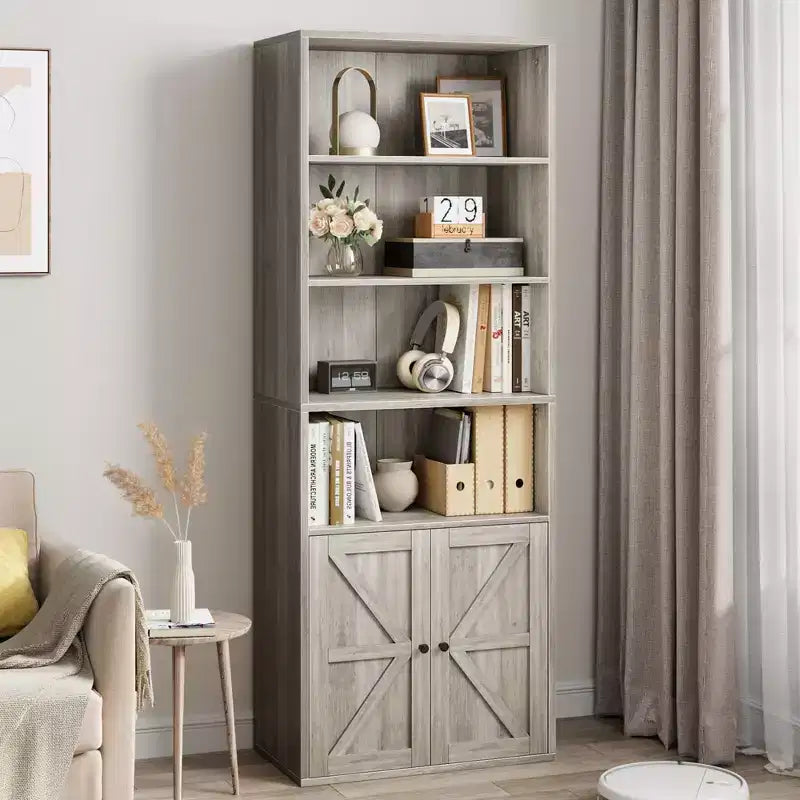 Bibliothèque industrielle/ferme vintage noire/grise avec portes de grange en X – Assemblage par 1 personne, 6 étagères de rangement