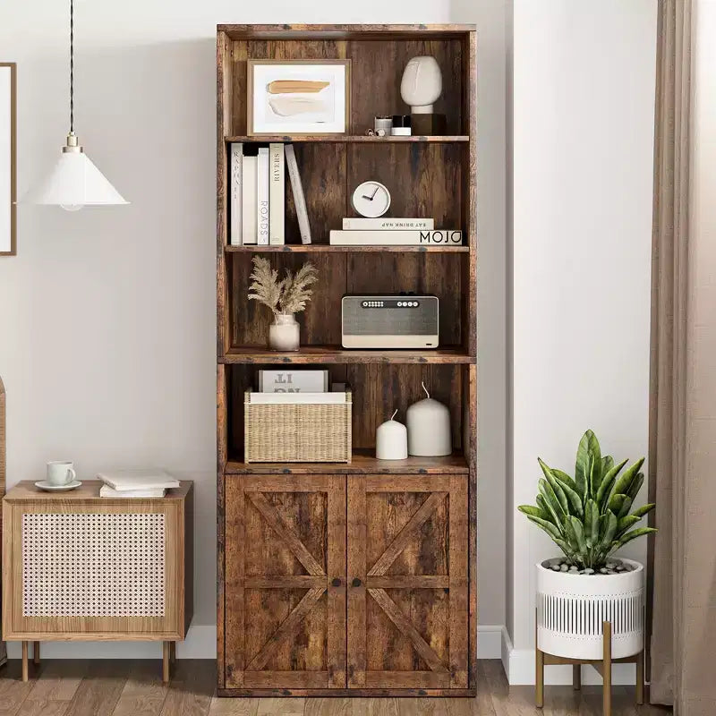 Bibliothèque industrielle/ferme vintage noire/grise avec portes de grange en X – Assemblage par 1 personne, 6 étagères de rangement
