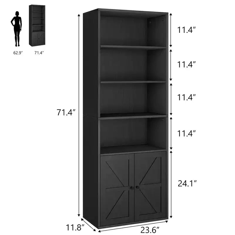 Bibliothèque industrielle/ferme vintage noire/grise avec portes de grange en X – Assemblage par 1 personne, 6 étagères de rangement