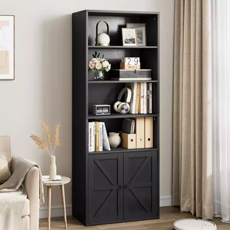 Bibliothèque industrielle/ferme vintage noire/grise avec portes de grange en X – Assemblage par 1 personne, 6 étagères de rangement