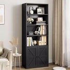Bibliothèque industrielle/ferme vintage noire/grise avec portes de grange en X – Assemblage par 1 personne, 6 étagères de rangement