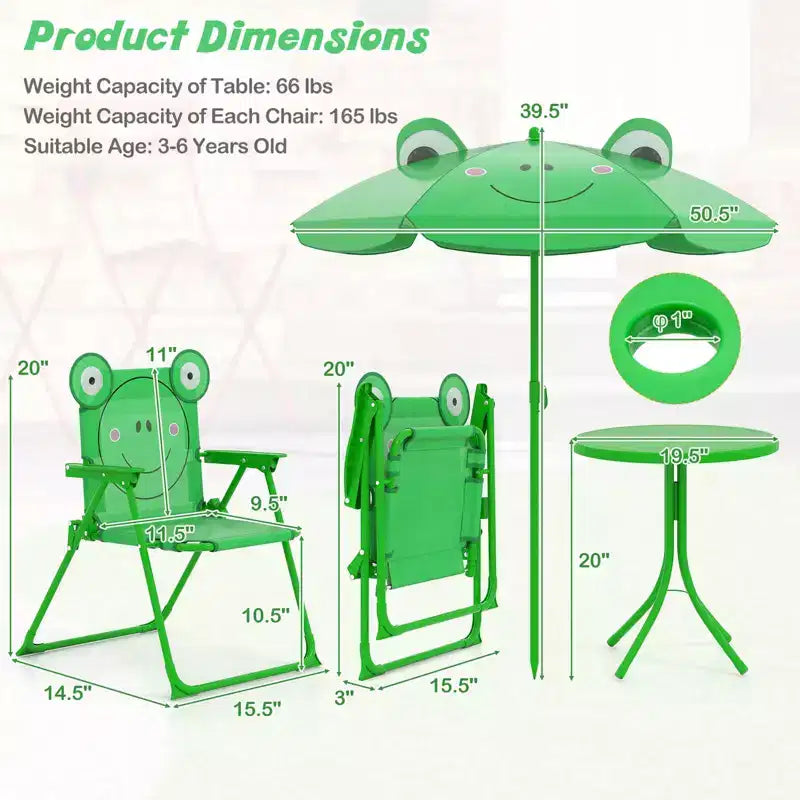 Table de pique-nique pour enfants et 2 chaises avec parasol – Marron / Vert / Rose, pour 2 personnes