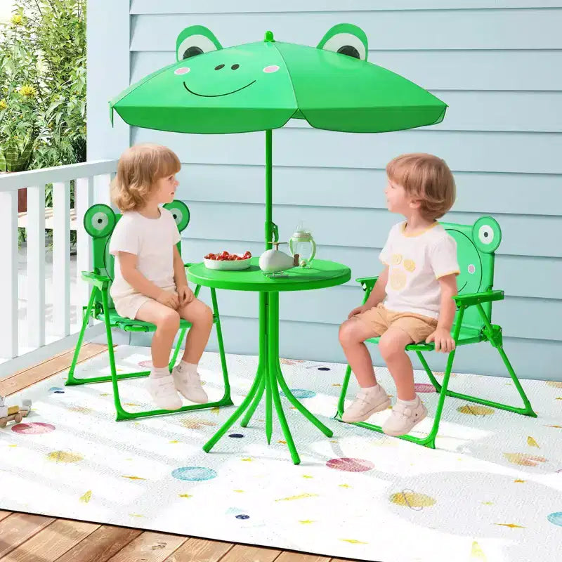 Table de pique-nique pour enfants et 2 chaises avec parasol – Marron / Vert / Rose, pour 2 personnes
