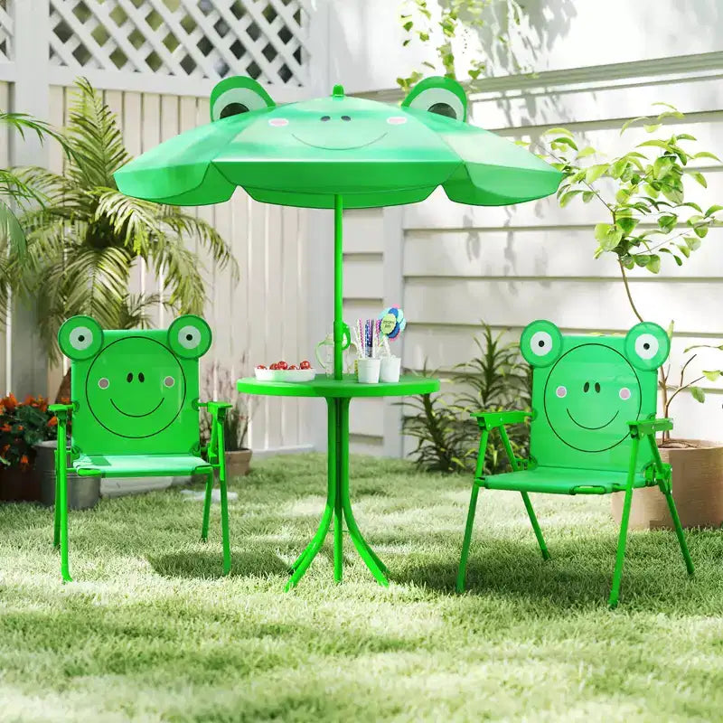 Table de pique-nique pour enfants et 2 chaises avec parasol – Marron / Vert / Rose, pour 2 personnes
