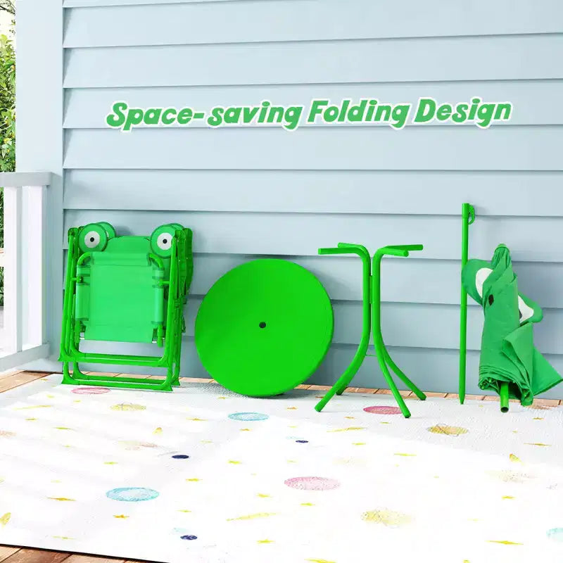 Table de pique-nique pour enfants et 2 chaises avec parasol – Marron / Vert / Rose, pour 2 personnes