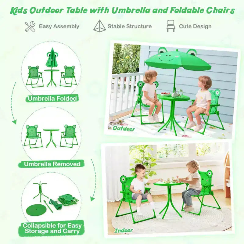 Table de pique-nique pour enfants et 2 chaises avec parasol – Marron / Vert / Rose, pour 2 personnes