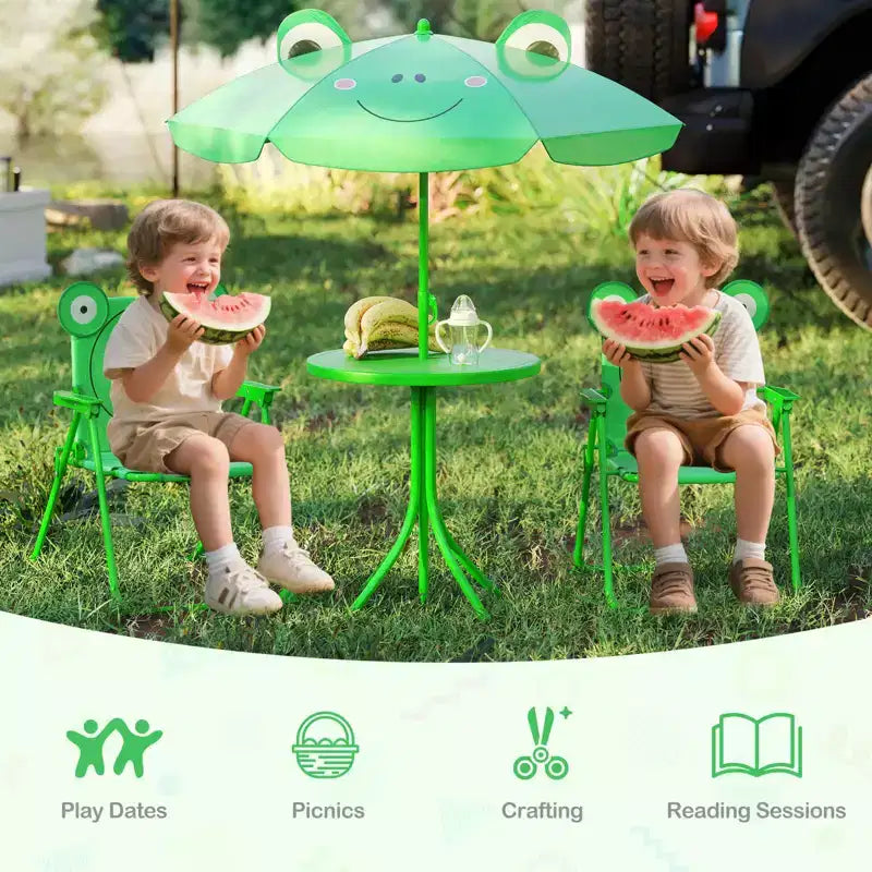 Table de pique-nique pour enfants et 2 chaises avec parasol – Marron / Vert / Rose, pour 2 personnes