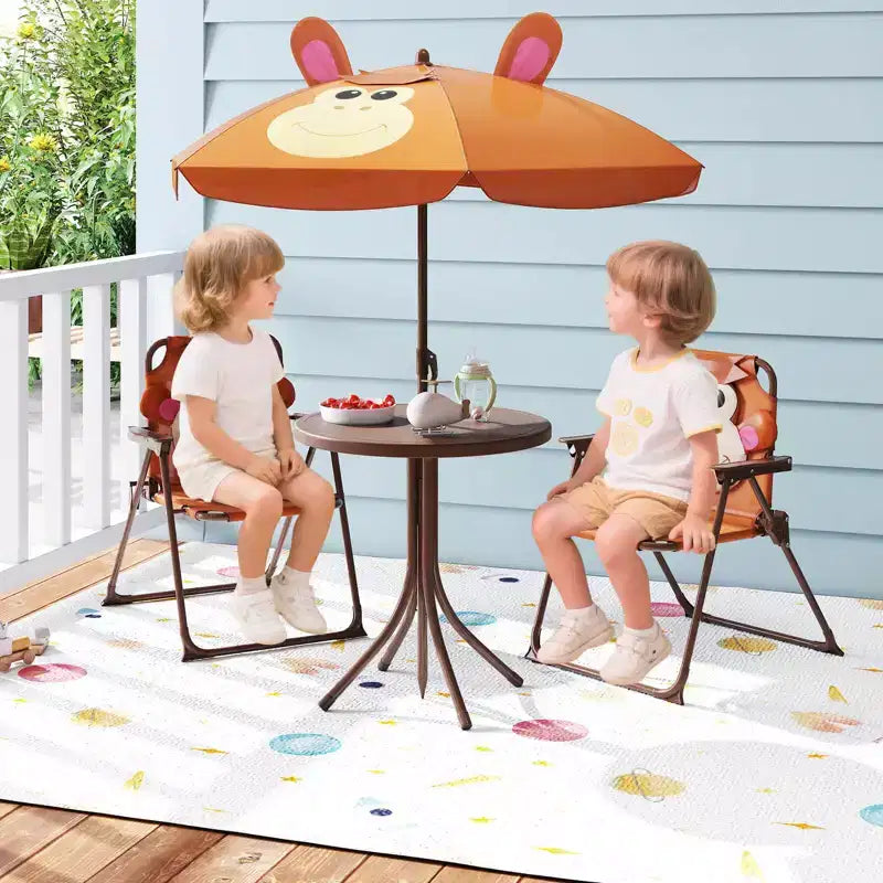 Table de pique-nique pour enfants et 2 chaises avec parasol – Marron / Vert / Rose, pour 2 personnes