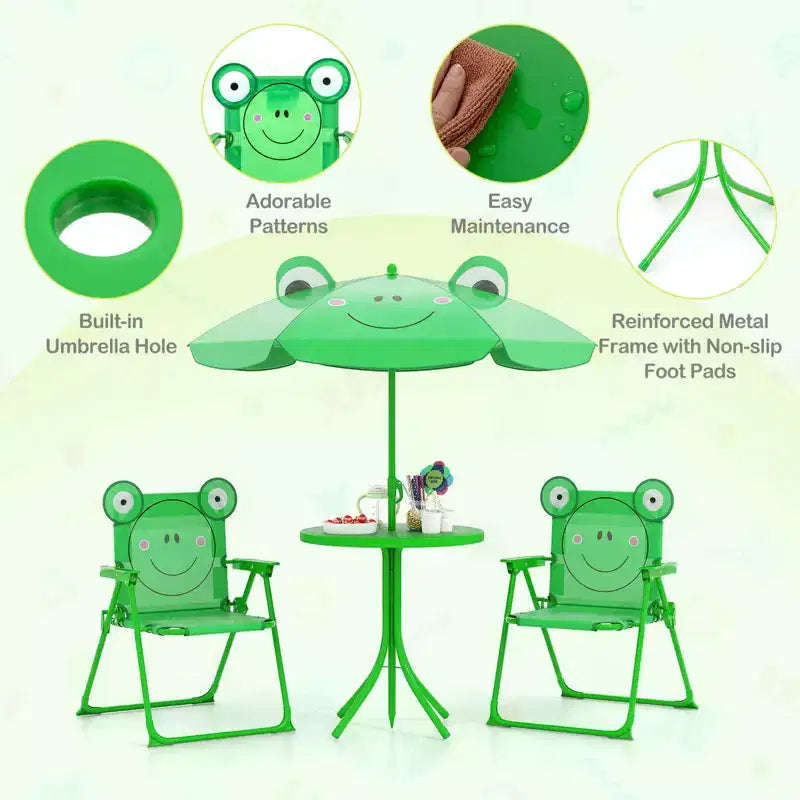 Table de pique-nique pour enfants et 2 chaises avec parasol – Marron / Vert / Rose, pour 2 personnes