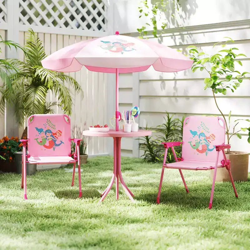 Table de pique-nique pour enfants et 2 chaises avec parasol – Marron / Vert / Rose, pour 2 personnes