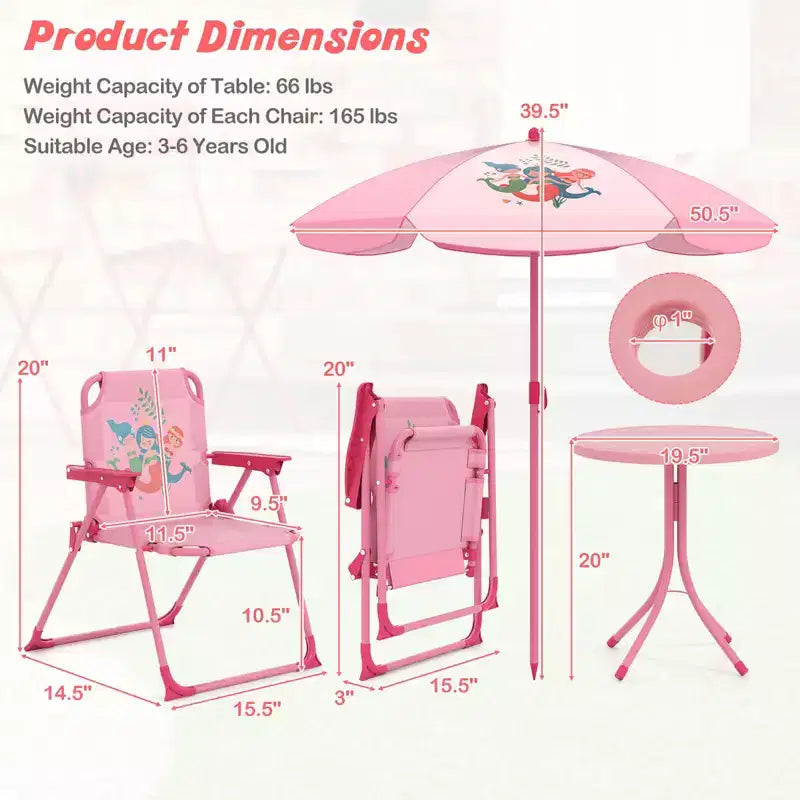 Table de pique-nique pour enfants et 2 chaises avec parasol – Marron / Vert / Rose, pour 2 personnes
