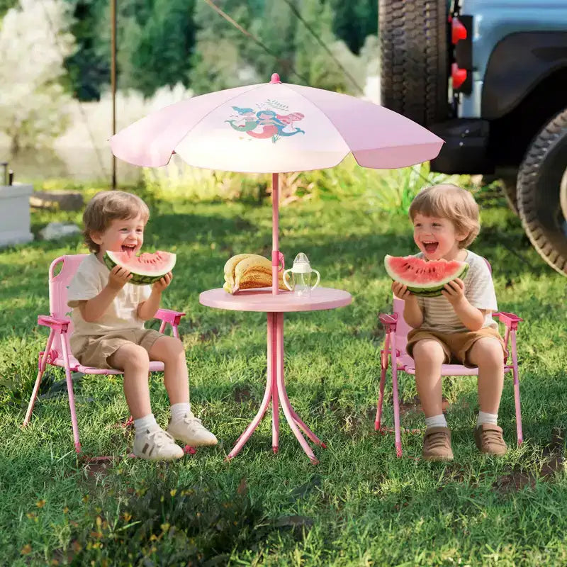 Table de pique-nique pour enfants et 2 chaises avec parasol – Marron / Vert / Rose, pour 2 personnes