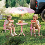 Table de pique-nique pour enfants et 2 chaises avec parasol – Marron / Vert / Rose, pour 2 personnes