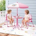 Table de pique-nique pour enfants et 2 chaises avec parasol – Marron / Vert / Rose, pour 2 personnes