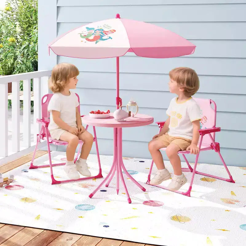 Table de pique-nique pour enfants et 2 chaises avec parasol – Marron / Vert / Rose, pour 2 personnes