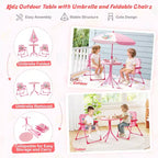 Table de pique-nique pour enfants et 2 chaises avec parasol – Marron / Vert / Rose, pour 2 personnes
