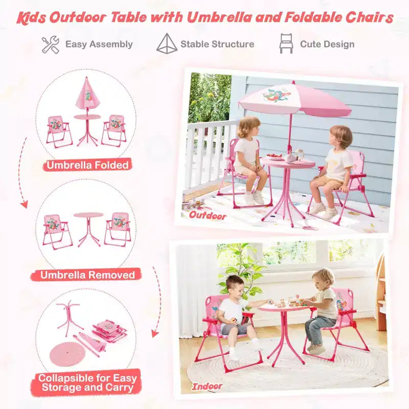 Table de pique-nique pour enfants et 2 chaises avec parasol – Marron / Vert / Rose, pour 2 personnes