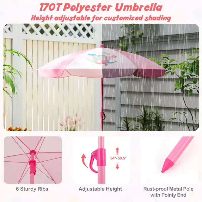 Table de pique-nique pour enfants et 2 chaises avec parasol – Marron / Vert / Rose, pour 2 personnes