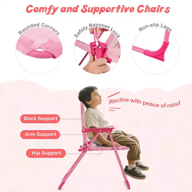 Table de pique-nique pour enfants et 2 chaises avec parasol – Marron / Vert / Rose, pour 2 personnes