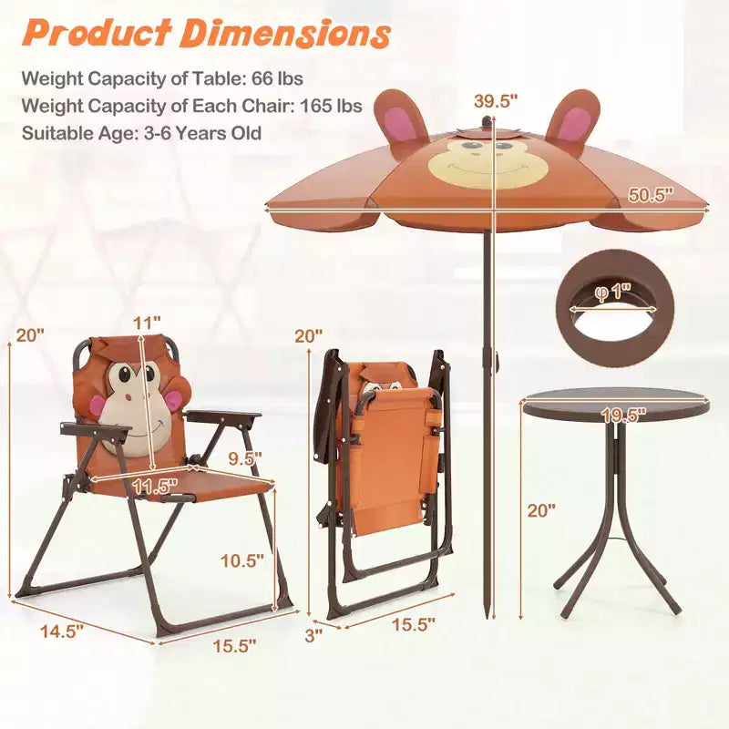 Table de pique-nique pour enfants et 2 chaises avec parasol – Marron / Vert / Rose, pour 2 personnes