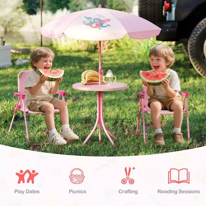 Table de pique-nique pour enfants et 2 chaises avec parasol – Marron / Vert / Rose, pour 2 personnes