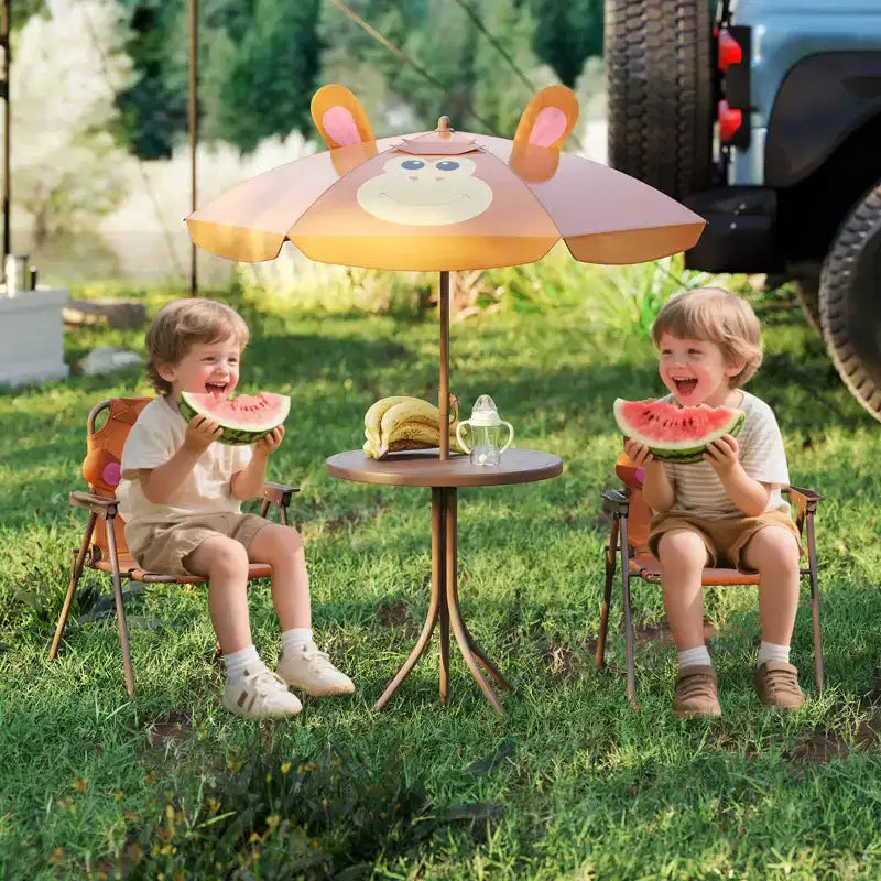 Table de pique-nique pour enfants et 2 chaises avec parasol – Marron / Vert / Rose, pour 2 personnes