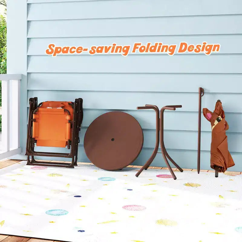 Table de pique-nique pour enfants et 2 chaises avec parasol – Marron / Vert / Rose, pour 2 personnes