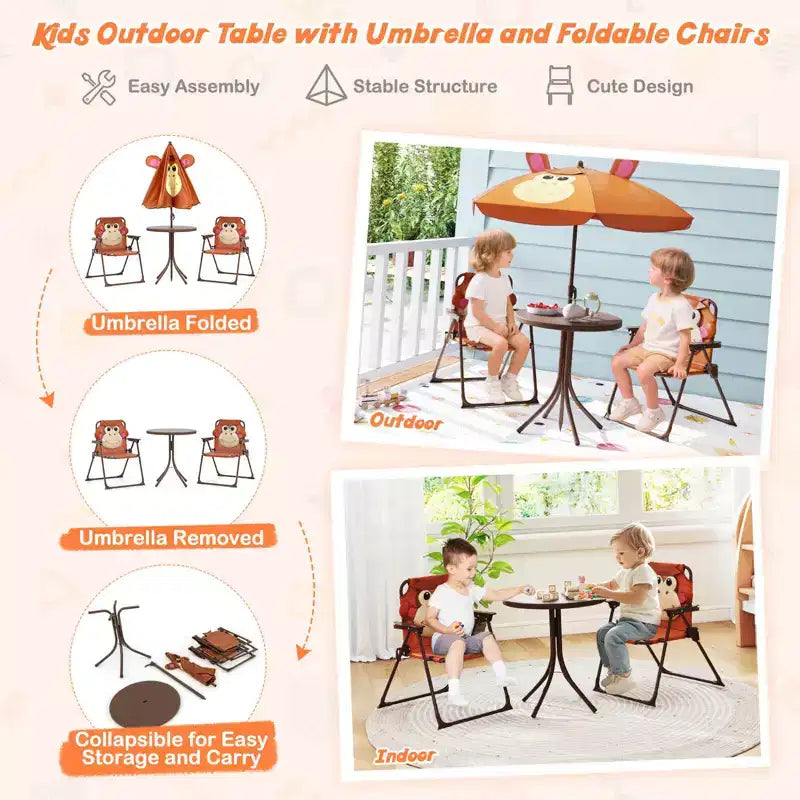 Table de pique-nique pour enfants et 2 chaises avec parasol – Marron / Vert / Rose, pour 2 personnes