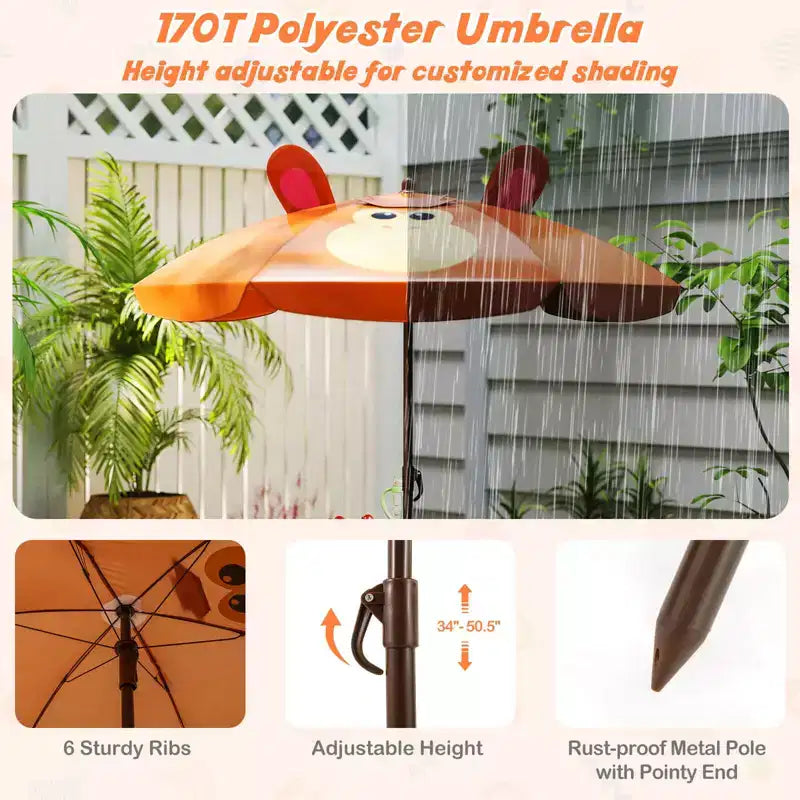 Table de pique-nique pour enfants et 2 chaises avec parasol – Marron / Vert / Rose, pour 2 personnes