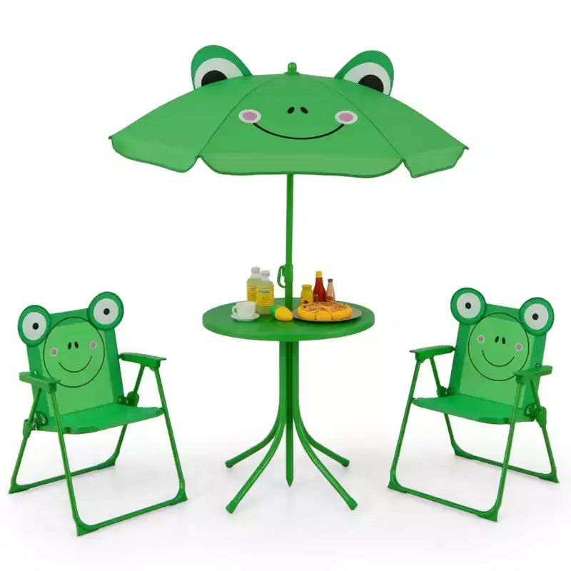 Table de pique-nique pour enfants et 2 chaises avec parasol – Marron / Vert / Rose, pour 2 personnes