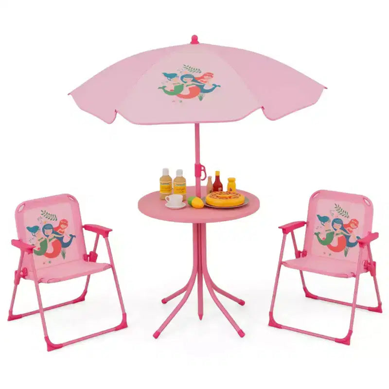Table de pique-nique pour enfants et 2 chaises avec parasol – Marron / Vert / Rose, pour 2 personnes