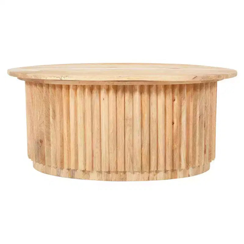 Table basse ovale marron, bois de manguier, piètement central, 91 cm l